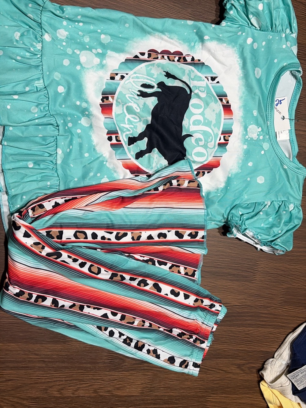 Mint Rodeo Ranch Graphic Top with Striped Leopard Bell-Bottoms